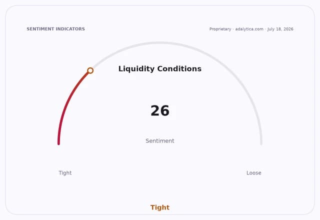 A sentiment gauge dial showing Liquidity Conditions at 26, labeled as Tight.