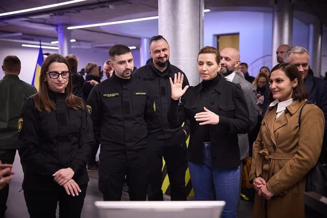 Mette Frederiksen, Prime Minister of Denmark, speaks while inspecting Ukrainian long-range drones.
