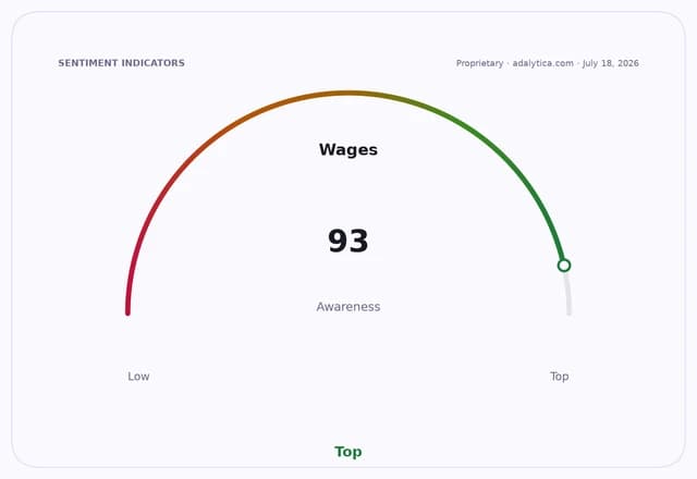 Sentiment indicators dial showing 'Wages Awareness' at a value of 93, in the Top range.