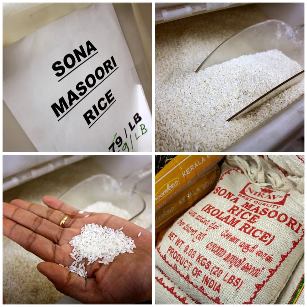 Close-up collage displaying Sona Masoori rice in various states, including a packaged bag.