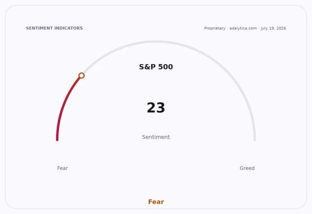 S&P 500 sentiment gauge displaying a reading of 23, indicating 'Fear'.