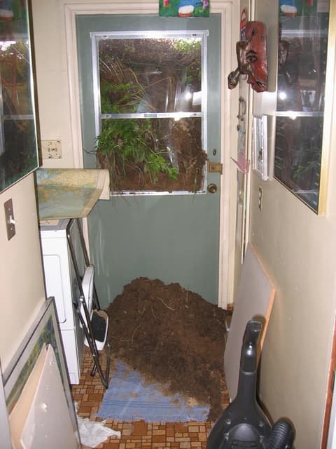 Interior view of a damaged home with a landslide entering through a broken back door.