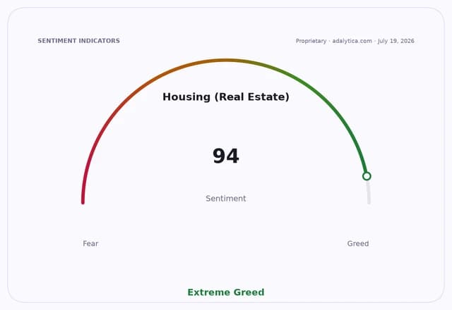 Housing sentiment gauge dial showing a reading of 94, in the Extreme Greed zone.