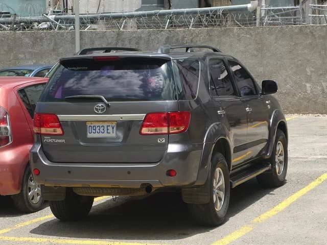 Rear of a grey Toyota Fortuner SUV parked in a lot.