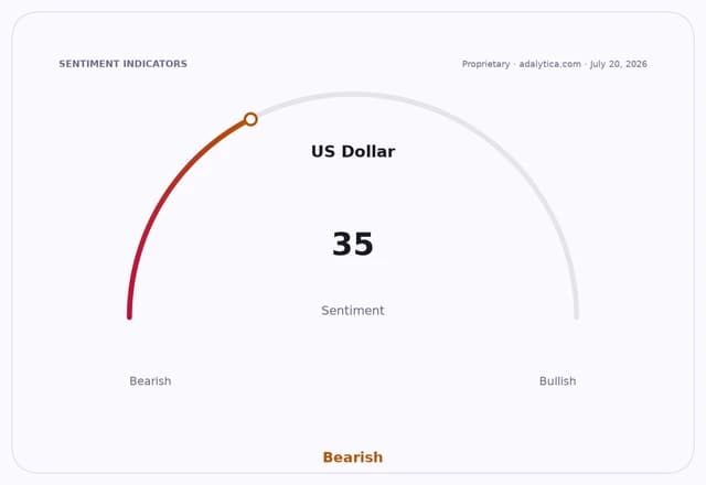 Sentiment gauge dial showing US Dollar sentiment at 35, firmly in the Bearish zone.