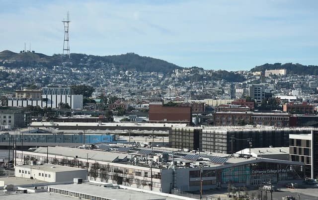 San Francisco skyline with buildings and hills under a clear sky.