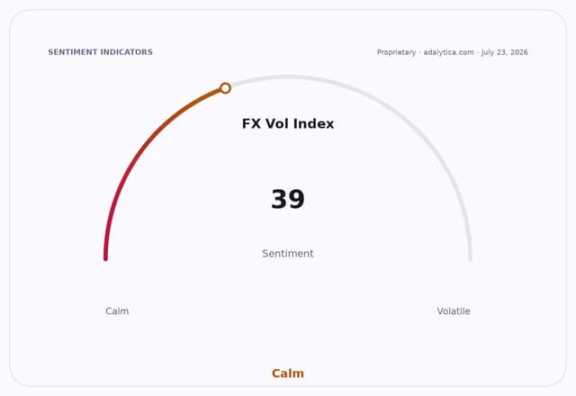 FX Vol Index sentiment gauge dial showing a reading of 39, categorized as Calm.