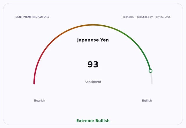 A sentiment gauge dial shows Japanese Yen sentiment at 93, indicating Extreme Bullish.