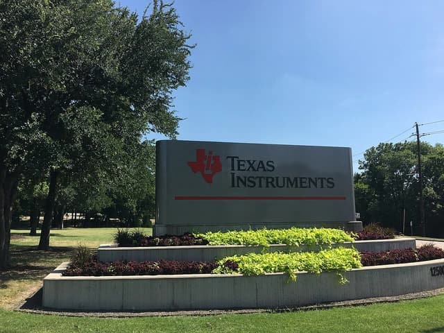 Entrance sign for the Texas Instruments headquarters campus in Dallas.