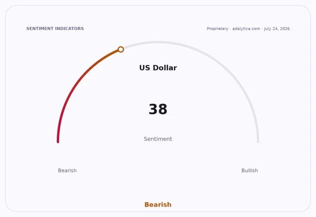 A sentiment gauge dial shows the US Dollar at 38, in the Bearish range.