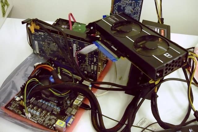 Close-up of computer graphics cards and motherboards assembled for cryptocurrency mining.