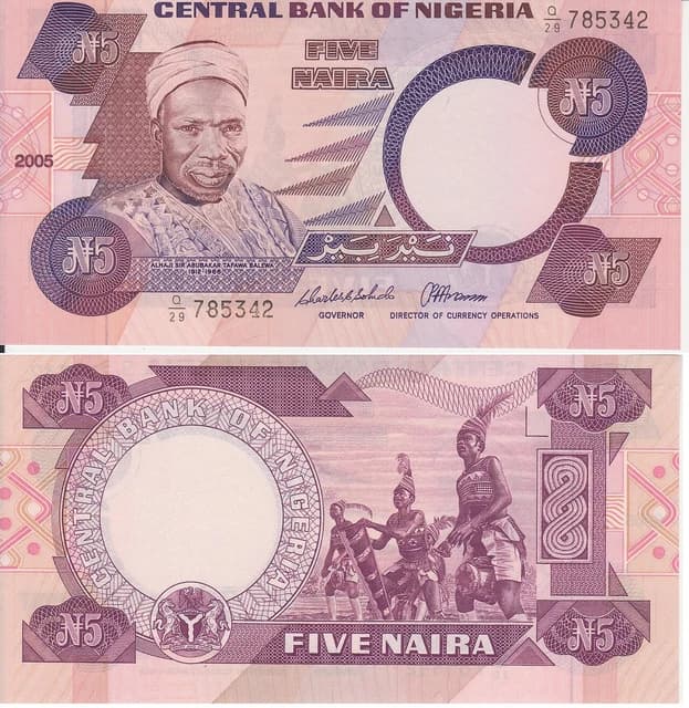 Nigeria Five Naira banknote showing statesman Alhaji Sir Abubakar Tafawa Balewa.