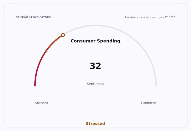 Consumer Spending sentiment gauge showing a 'Stressed' reading of 32.