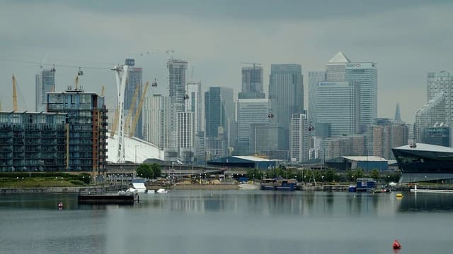 Skyline of London's financial district and surrounding area from across the water.