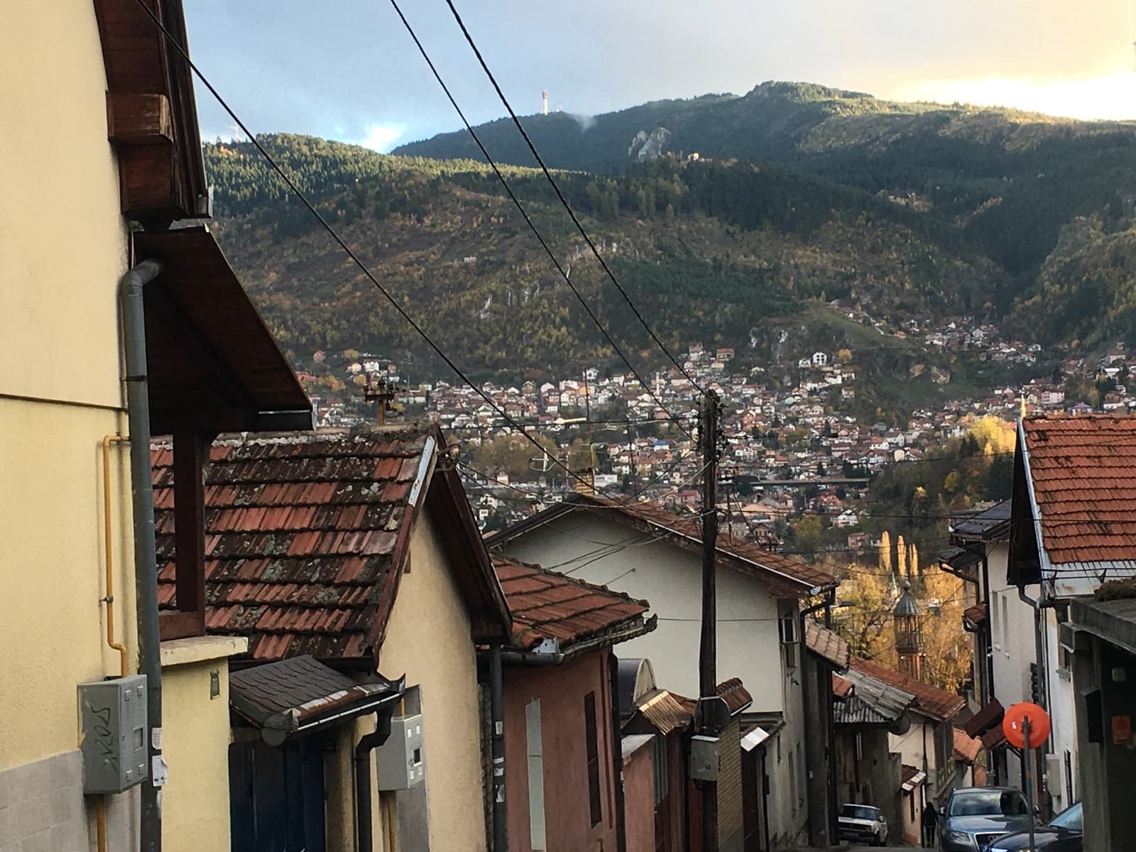 View of a residential area with traditional rooftops in Sarajevo, Bosnia and Herzegovina.