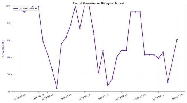 Line chart showing 30-day sentiment for Food & Groceries, varying widely from June 25 to July 29.