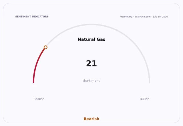 Natural Gas sentiment dial showing a reading of 21, pointing strongly into the Bearish zone.