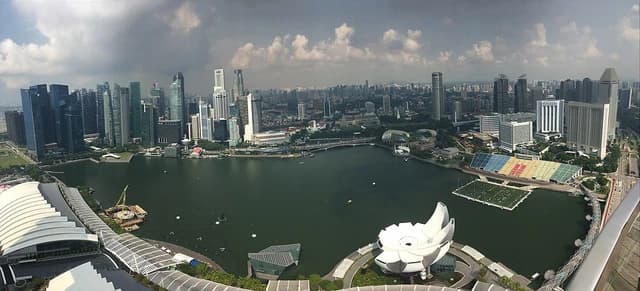 Aerial panoramic view of Marina Bay, Singapore, featuring skyscrapers and waterfront.