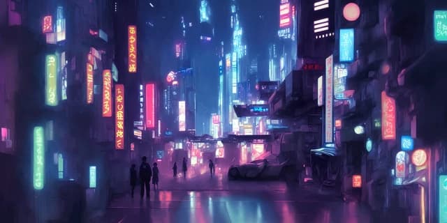 Cyberpunk cityscape with neon lights, futuristic vehicles, and abstract figures, generated by AI.