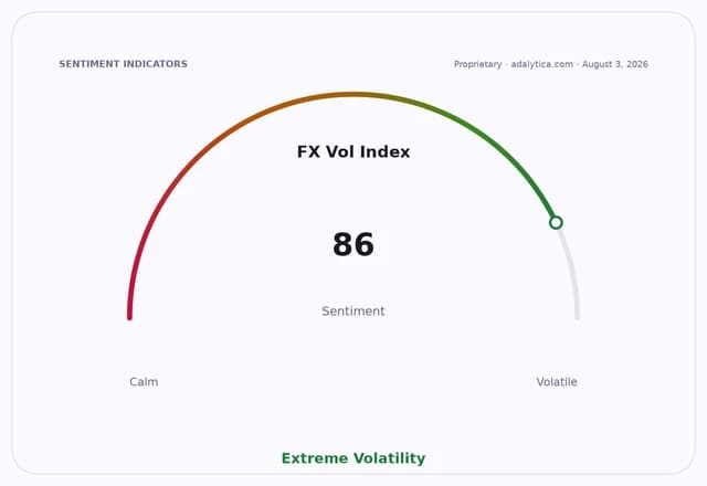 FX Volatility Index dial showing a reading of 86, pointing to Extreme Volatility.