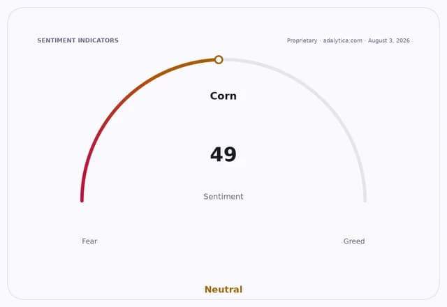 A sentiment gauge dial for Corn, pointing to 49, categorized as Neutral.