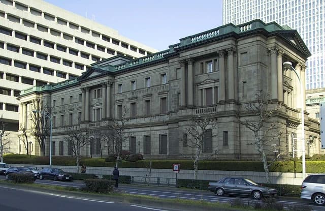 Exterior view of the Bank of Japan headquarters building in Tokyo, Japan.