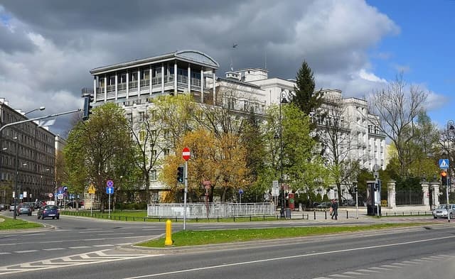 Ministry of Justice building in Warsaw, Poland, from Na Rozdrożu Square.