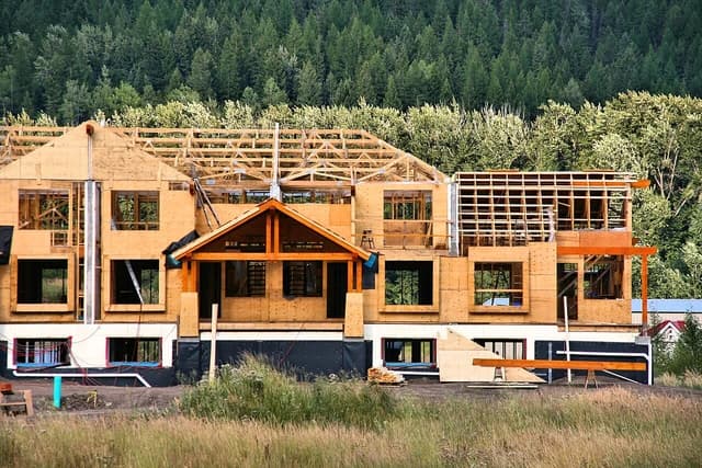 Wood frame structure of a condominium building under construction in British Columbia.