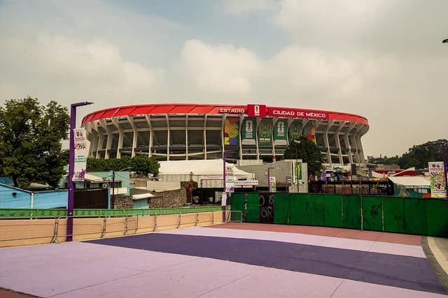 Exterior view of Estadio Azteca, a large sports stadium in Mexico City.