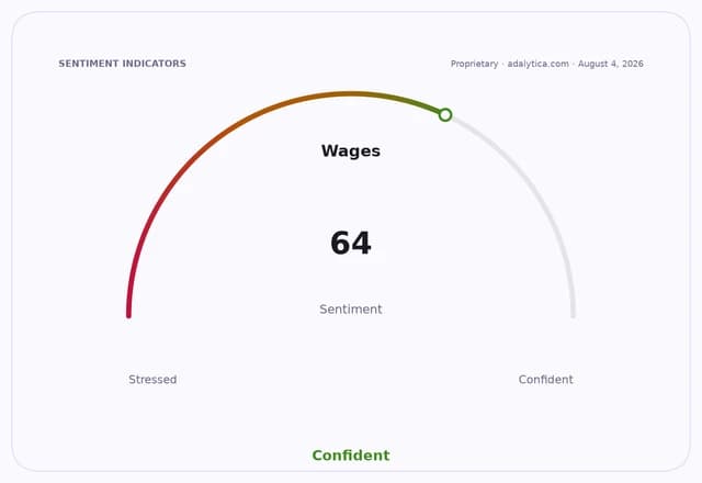 Wages sentiment gauge dial showing a reading of 64, indicating 'Confident' sentiment.
