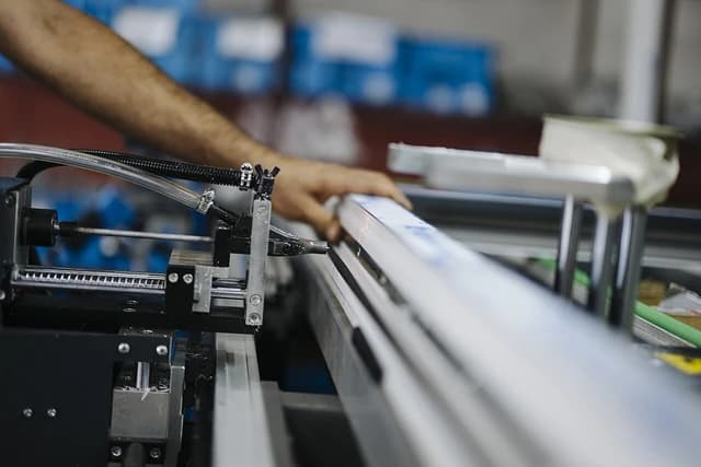 Factory worker operating industrial machinery to assemble parts on an assembly line.