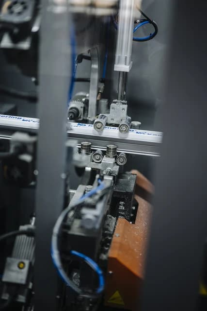 Close-up of a machine working on a production line, processing parts.