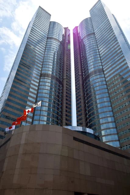 Modern glass and steel skyscrapers of Exchange Square, Hong Kong Stock Exchange.