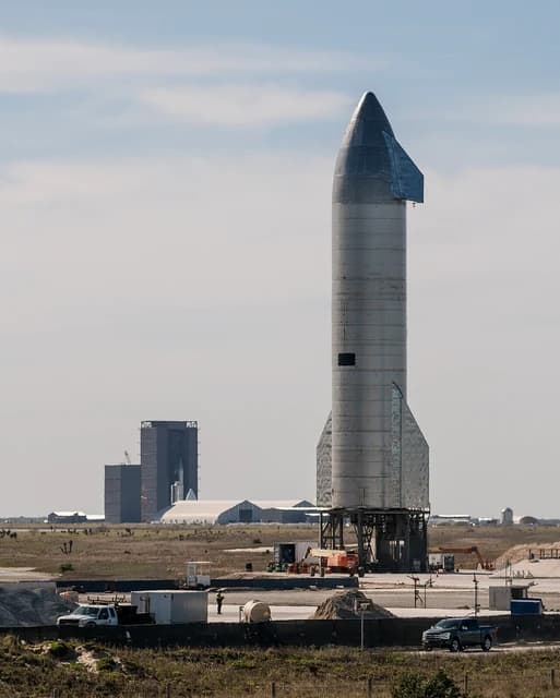 SpaceX Starship SN9 rocket standing on a launch pad in Boca Chica, Texas.