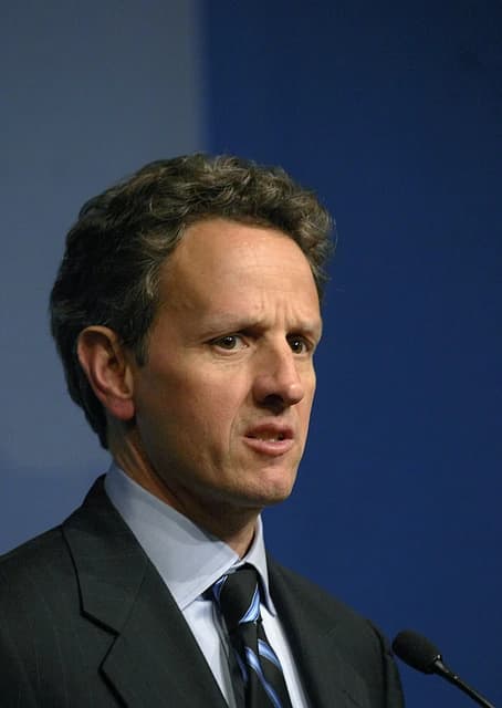 Timothy Geithner, former U.S. Secretary of the Treasury, speaking at a press conference.