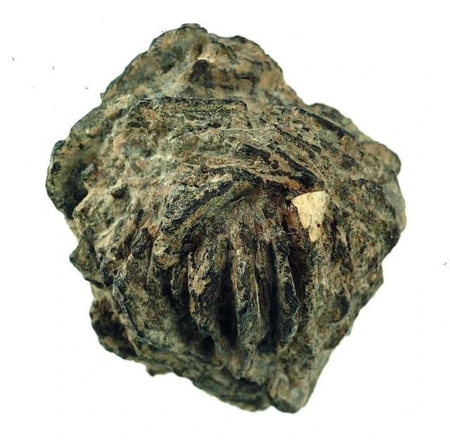 Antimony ore specimen, a dark gray mineral with a metallic luster.