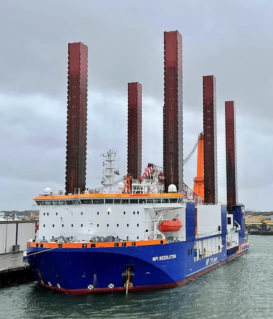 Wind turbine installation vessel MPI Resolution with large red legs docked in a harbor.