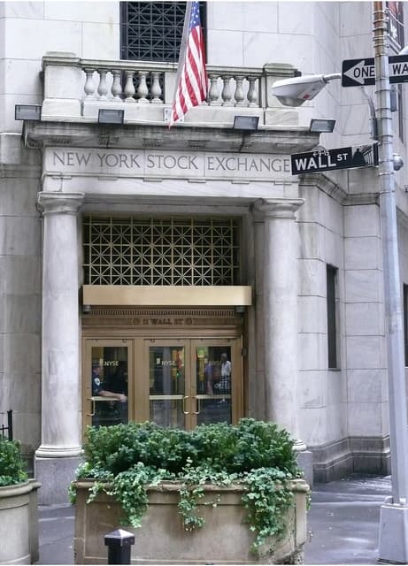 Exterior of the New York Stock Exchange building on Wall Street, New York.