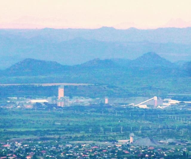 Aerial view of buildings and structures of the Lonmin platinum mine in Marikana, South Africa.