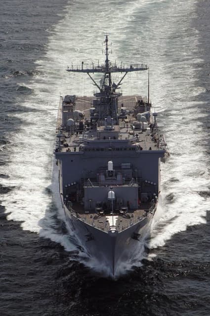Amphibious dock landing ship USS Carter Hall transiting the Persian Gulf.