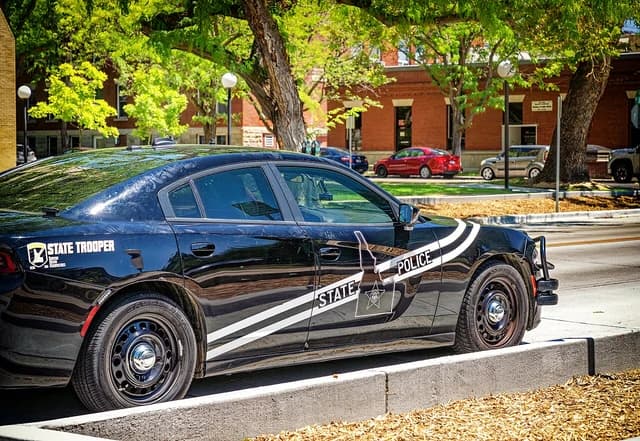 An Idaho State Police Dodge Charger patrol car parked on a tree-lined street.