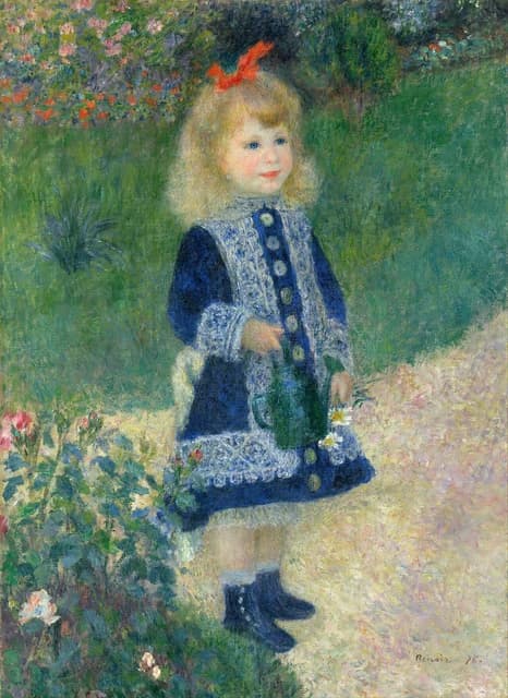 Auguste Renoir painting of young girl in blue dress holding watering can outdoors.