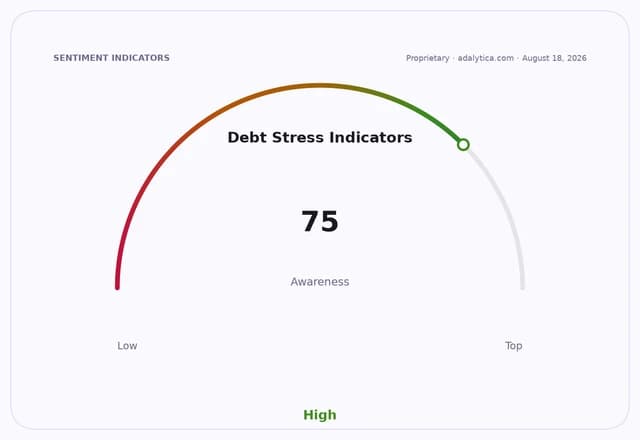 Gauge dial showing 'Debt Stress Indicators' at 75, highlighting high awareness.