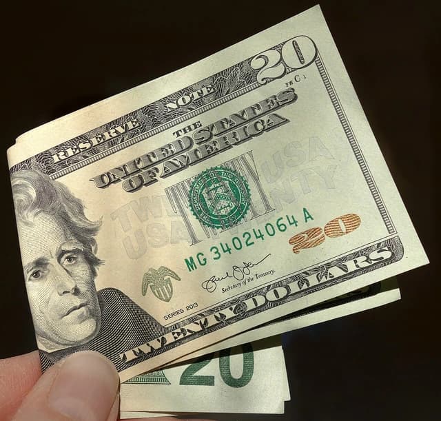 Close-up of US twenty dollar banknotes held by a person.