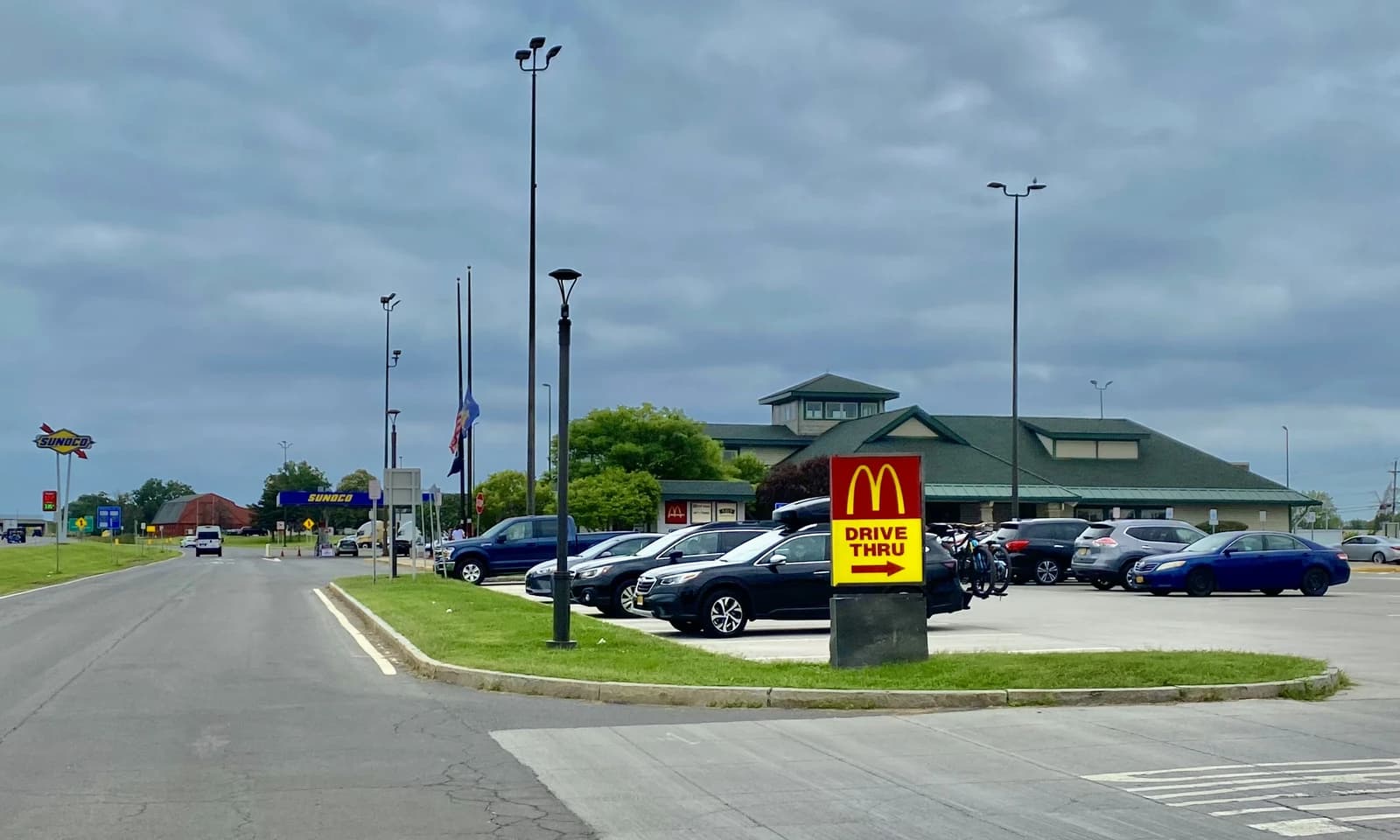 McDonald's drive-thru entrance sign at the DeWitt Service Area, New York State Thruway.