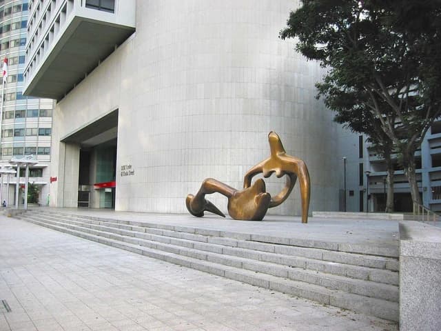 Exterior of OCBC Centre, a skyscraper in Singapore, with a bronze sculpture.