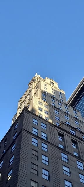 Skyscrapers of Manhattan's financial district against a clear blue sky.
