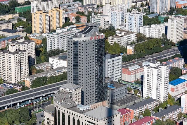 Aerial view of the China Aerospace Science and Technology Corporation (CASC) building.