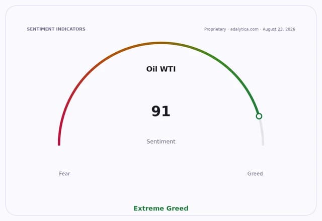 Oil WTI sentiment dial showing Extreme Greed at a reading of 91.