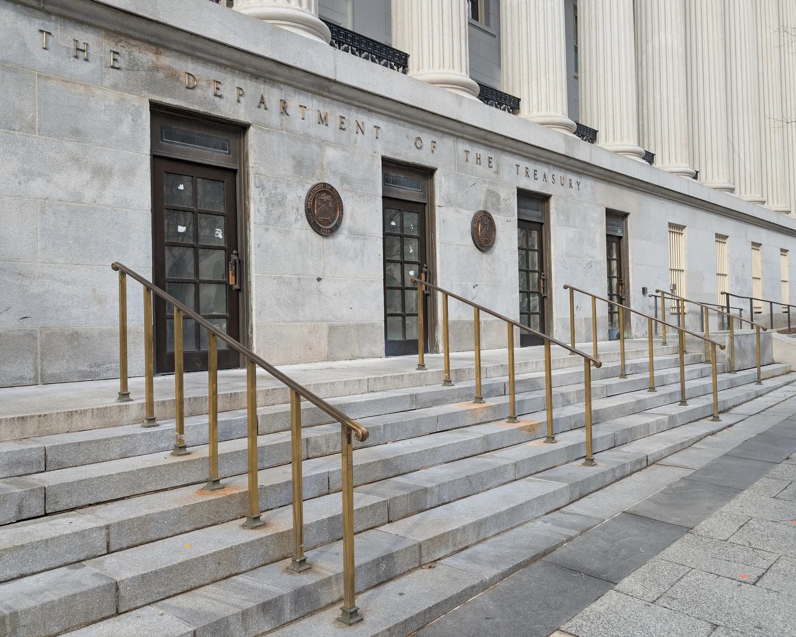 Exterior facade of the Department of the Treasury building in Washington, D.C.